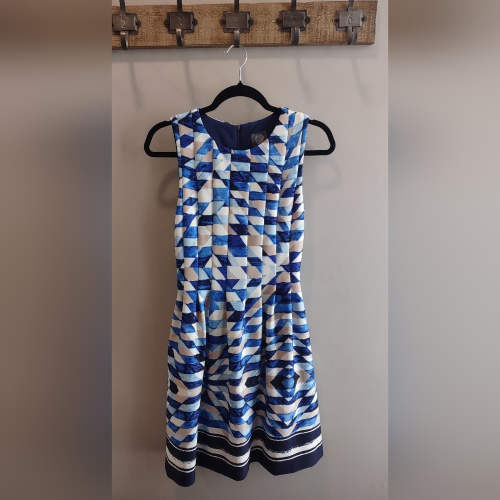 Vince Camuto Fit And Flare Dress With Pockets In Taupe/Blue/White Size 4